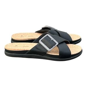 Clark Cloudstepper Black Slide Sandals with Silver Buckle